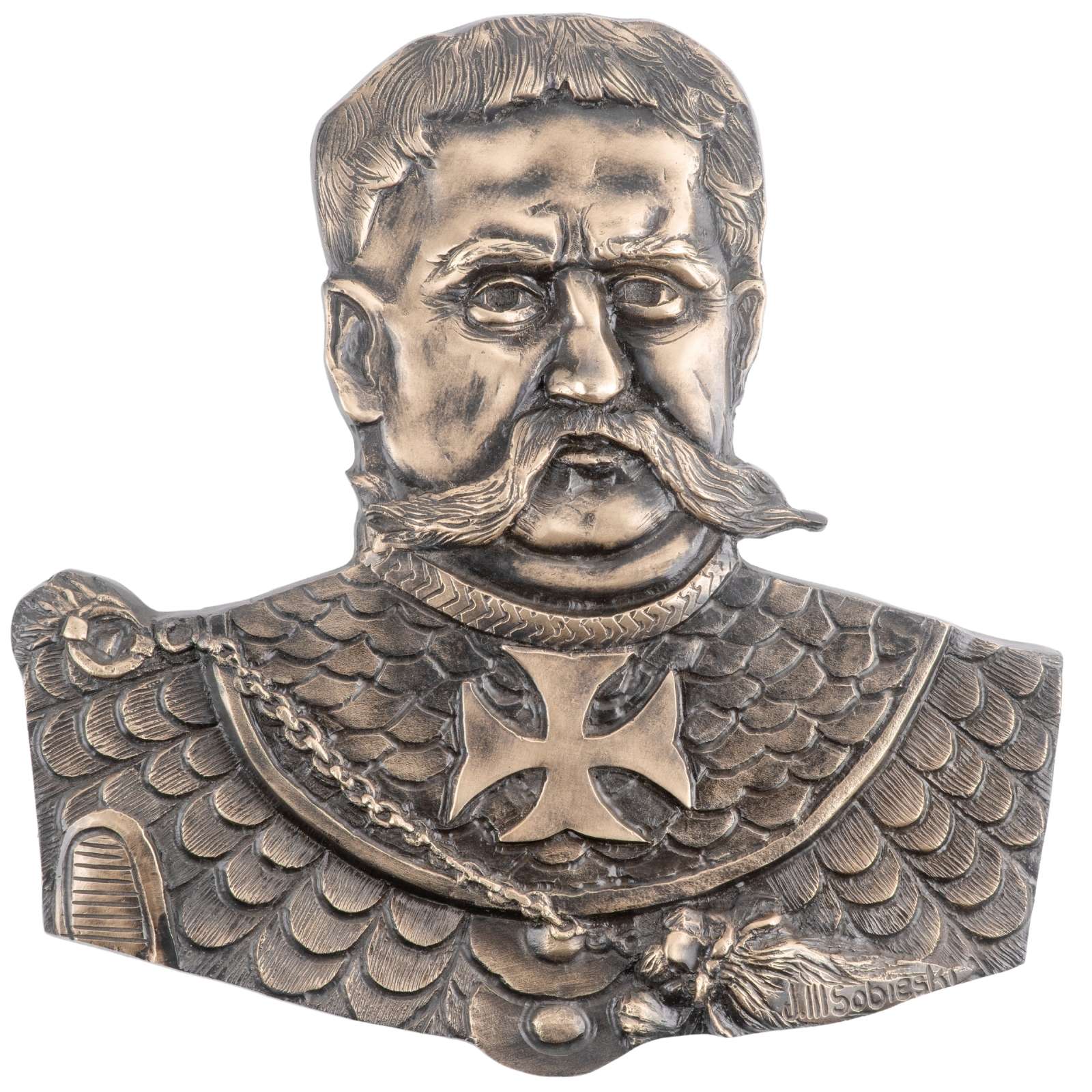 Medalion Płaskorzeźba Jan III Sobieski Król Polski Lity Mosiądz Patynowany A29